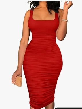 Bodycon Ruched Midi Dress with Square Neck in Red